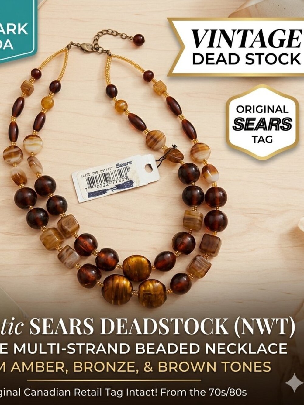 Vintage C.L.I.O. For Sears Multi Strand Beaded Statement Necklace Brown Amber